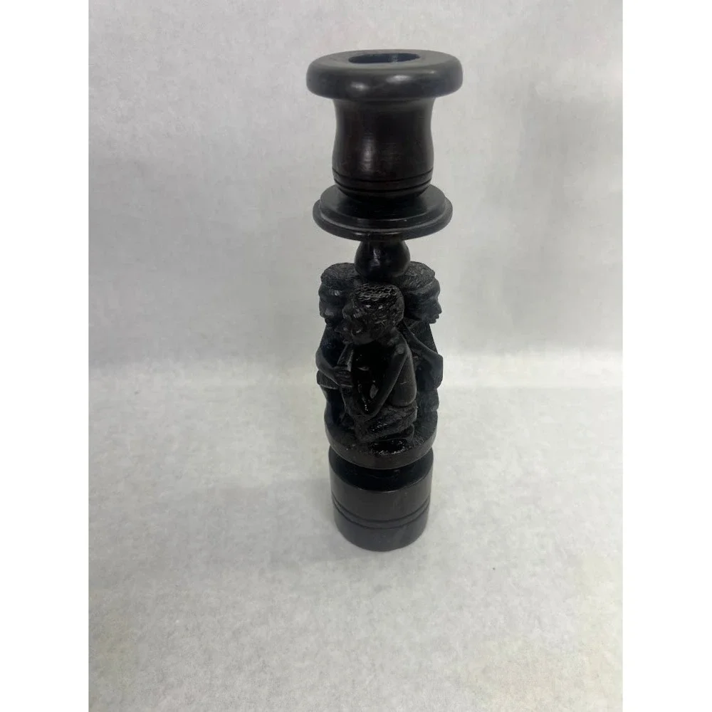 Hand Carved African Ebony Wood Candlestick Holder Tribal Figures Dark Wood 11in
